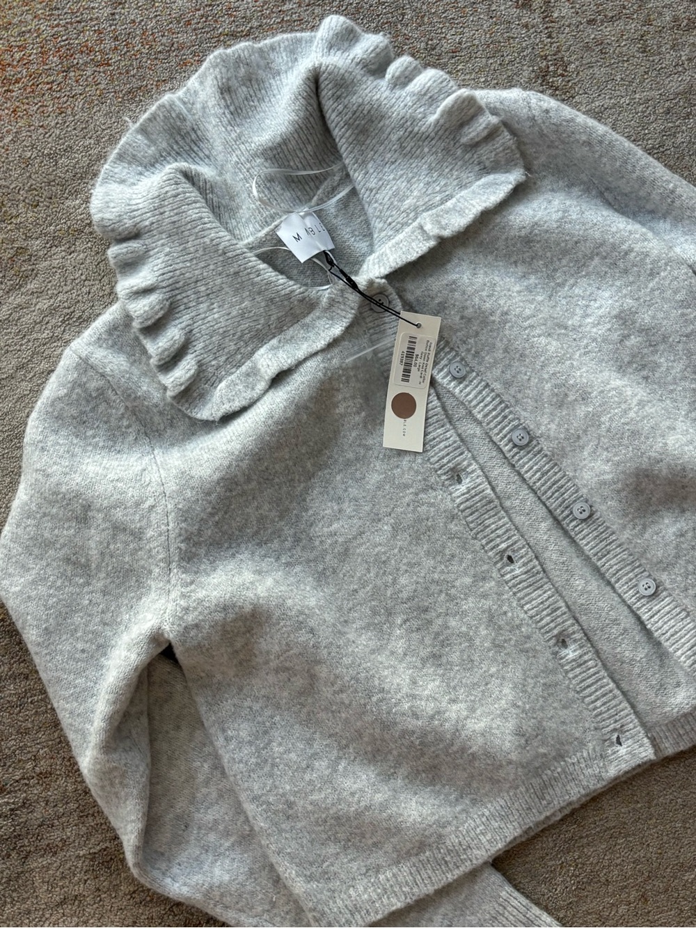 Mable Ruffled Collar Light Gray Button-Up Cardigan NWT | Back to School - Picture 4 of 6